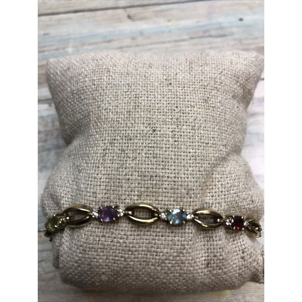 Vtg Vermeil Sterling Silver Colorful Gemstones Bracelet Amethyst‎ Topaz Garnet